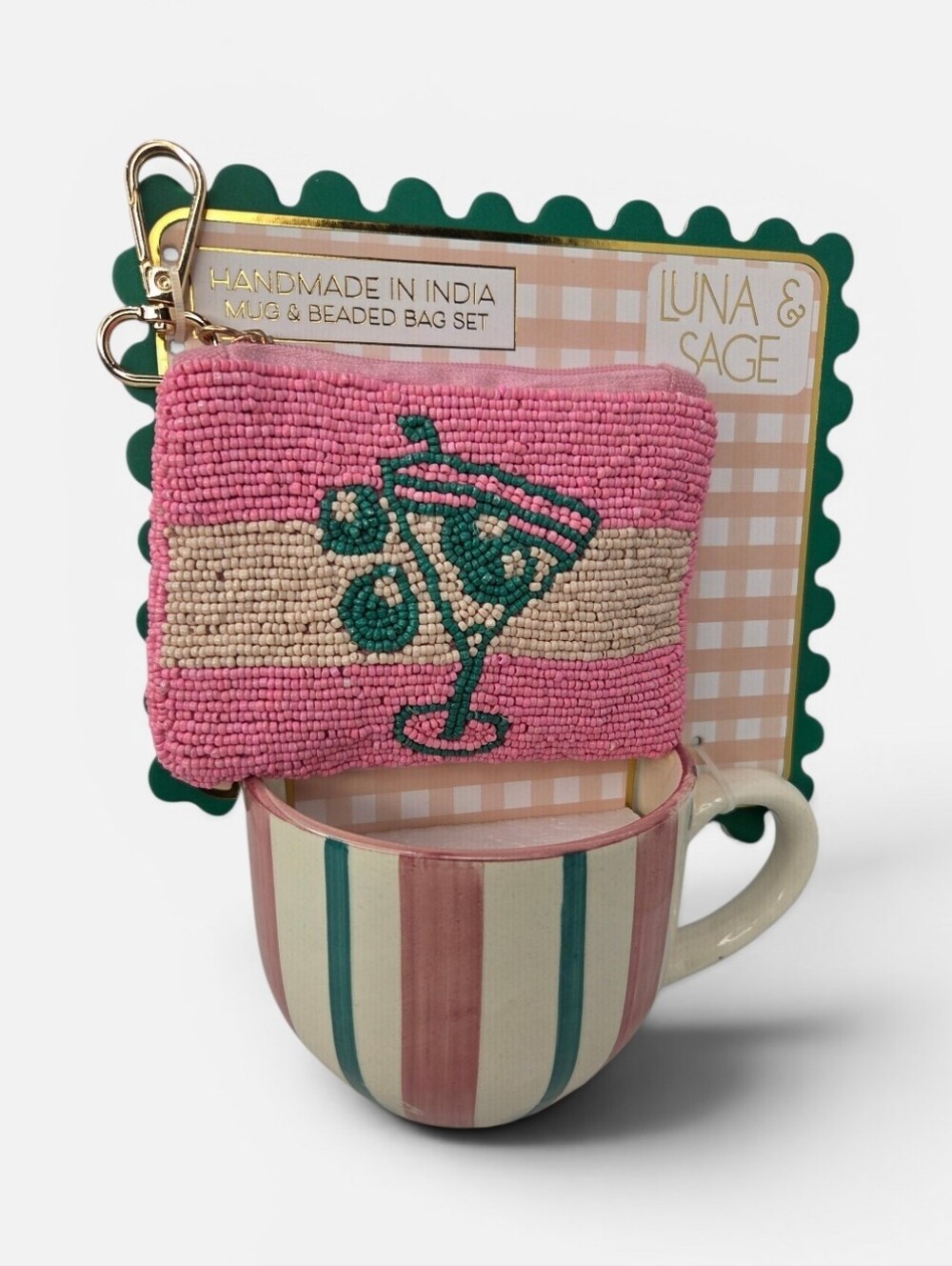 💕▪️Luna & Sage▪️ 2pc  Pink Beaded Martini Coin Pouch  with Striped Ceramic Mug